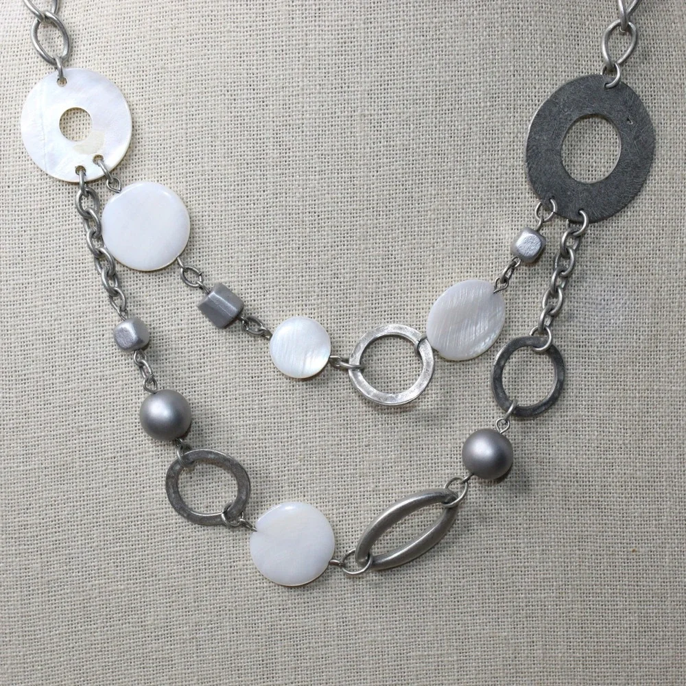 Necklace Layered Mother of Pearl Geometric Silver Tone Boho Modernist Statement